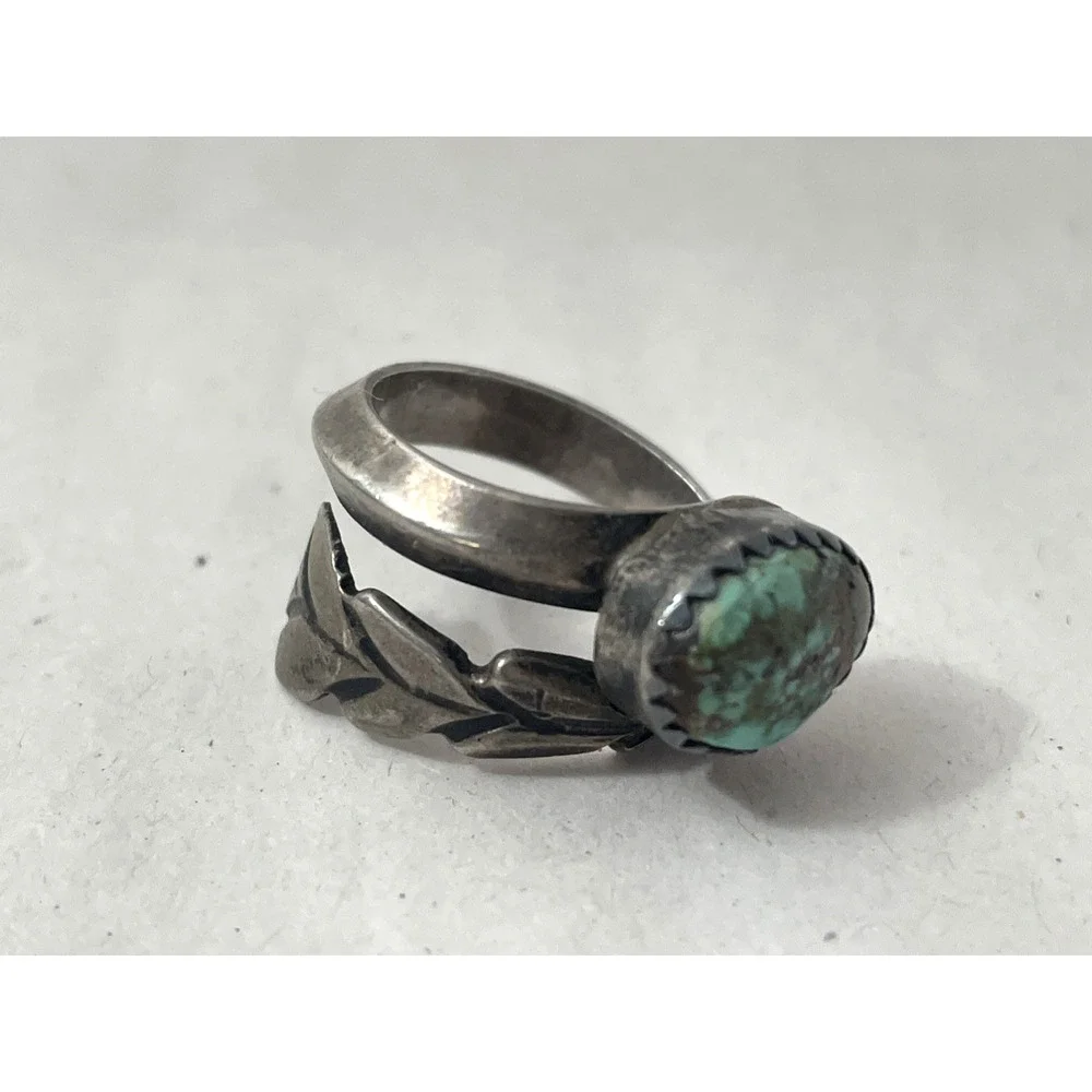 Vintage Sterling Silver Turquoise Ring Leaf Design Rustic Size 6